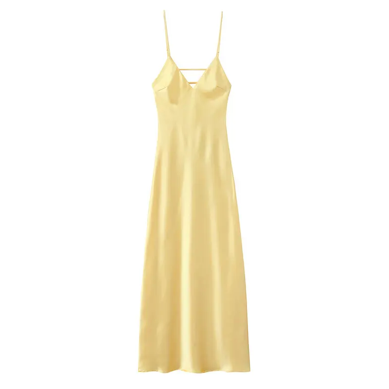 Printemps 2025 femmes soie Satin sensation Strapl Midi Dr décontracté h-ligne une pièce Ele Sle No Sve Quali Texture