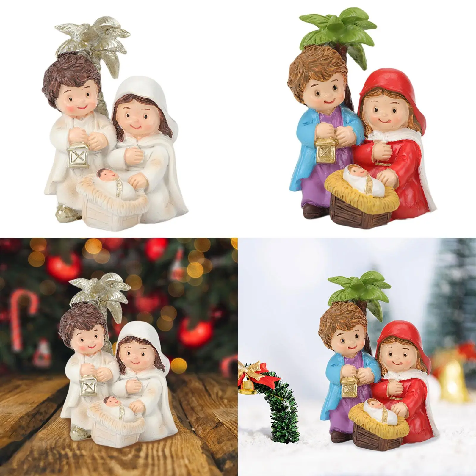 Jesus Born Sculpture Holy Family Figurine Manger and Tree Crafts Christmas Nativity Scene Statue for Gift Bookshelf Indoor