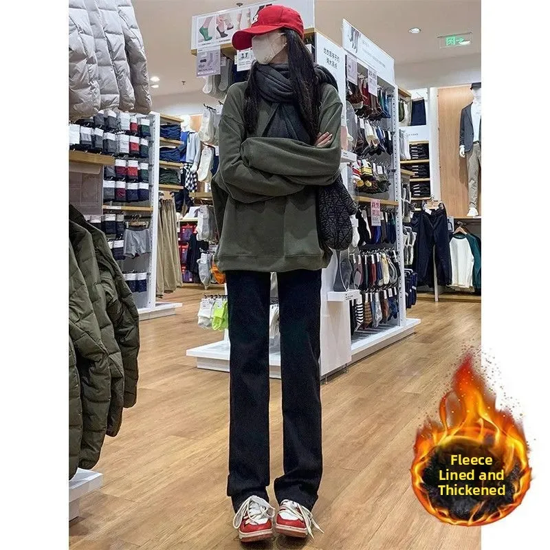 High Waist Slim Fit Straight Leg Denim Jeans Women's Winter Fashion Fleece Lined Cigarette Pants Black City Style Cotton 60%