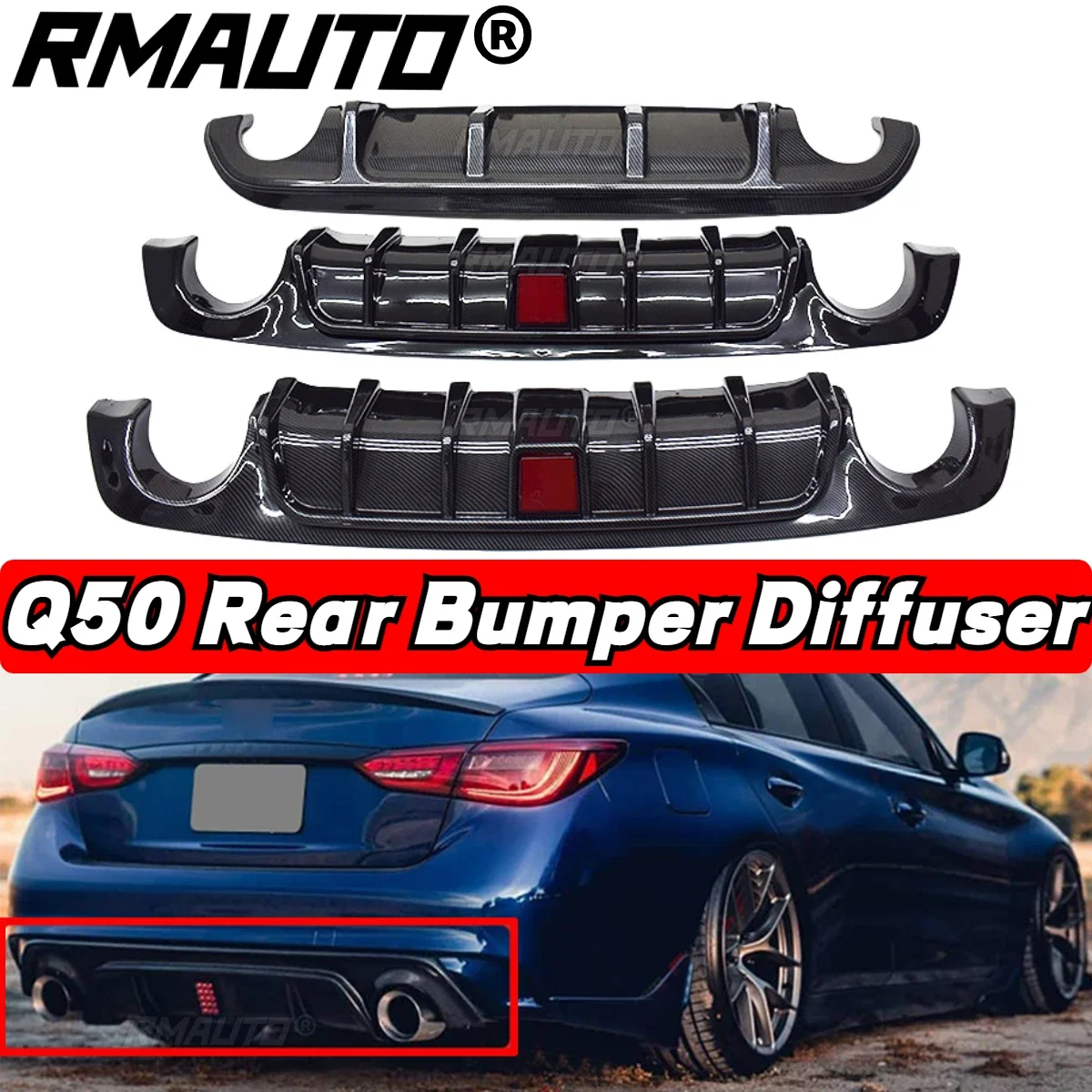 Q50 Rear Lip Diffuser Carbon Fiber Rear Bumper Diffuser Lip Spoiler Body Kit with Brake Light Lamp For Infiniti Q50 2014-2021