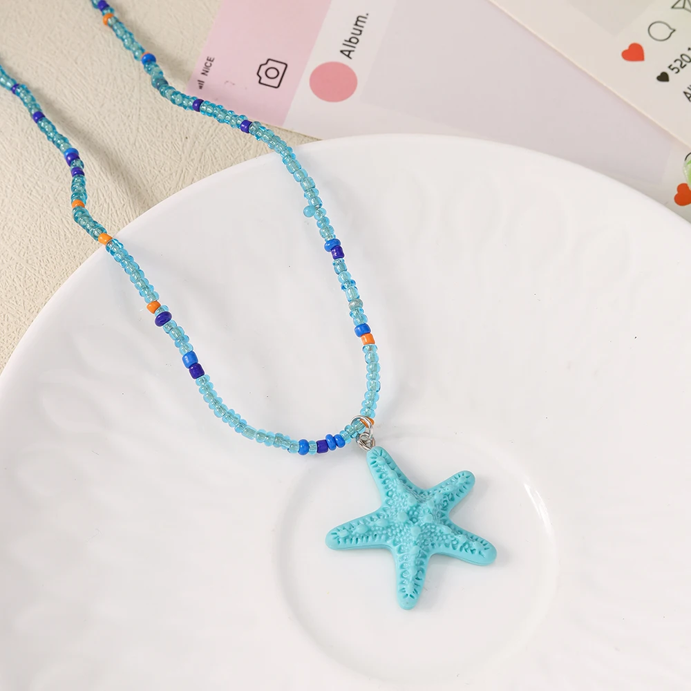 Aihua Neue Bunte Seestern-Halskette Handgefertigte Reisperlen-Halskette Modische Choker-Kette Sommer Strand Trendiger Urlaubsschmuck – Detail 9