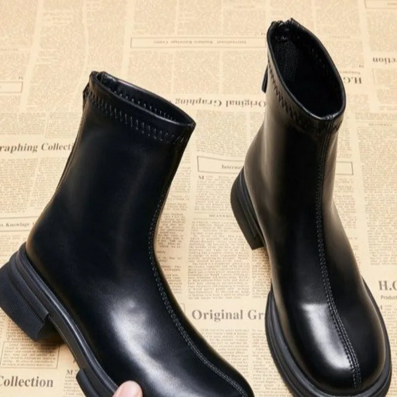 French Style Women Martini Boots Thick Bottom Appears Small Flocking Heightening Elastic Slimming Boots Autumn Winter