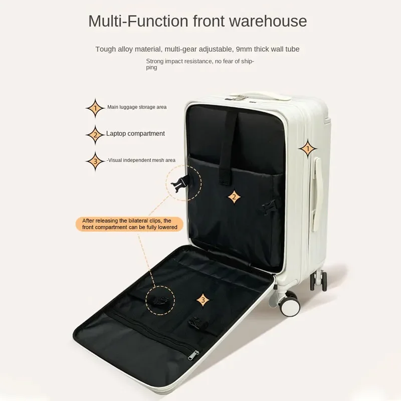 Suitcase Wide Handle Luggage Front Opening USB Charging Suitcases 20/22/24/26 \