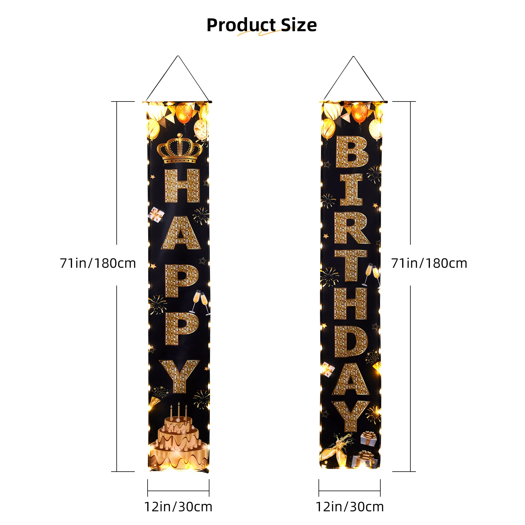 Black Gold Happy Birthday Door Banner Lighted Decorations for Men Women Happy Birthday Banner Porch Sign with LED light Party