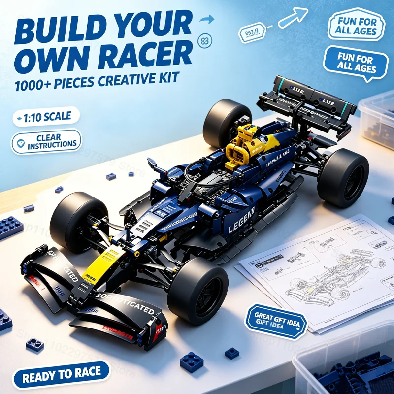 1:10 Technical Racing Vehicle Building Blocks Kit 1200PCS DIY Assembly Model Desktop Decor Gifts for Birthday Party DIY Ornament