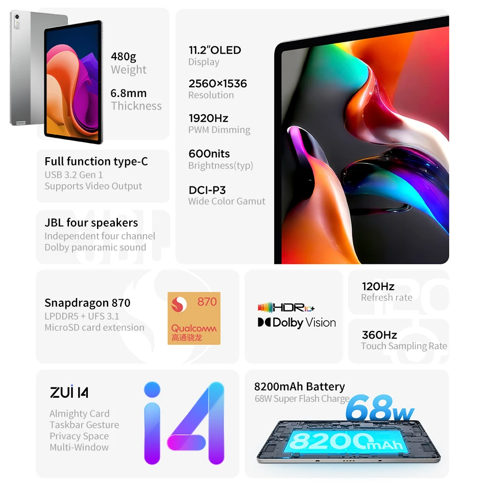 لينوفو تاب P11 برو 2022 أو Xiaoxin الوسادة برو 2022 سنابدراجون 870 اللوحي 11.2 "OLED 120Hz شاشة أندرويد 12 8200mAh واي فاي 8 + 128GB