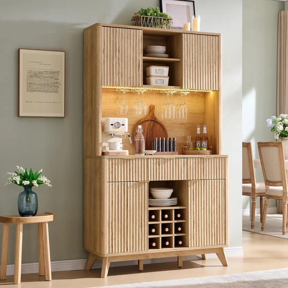 

72" tall wine bar cabinet with storage hutch, modern wood fluted coffee bar cabinet with led lights and 10 tier storage shelf &