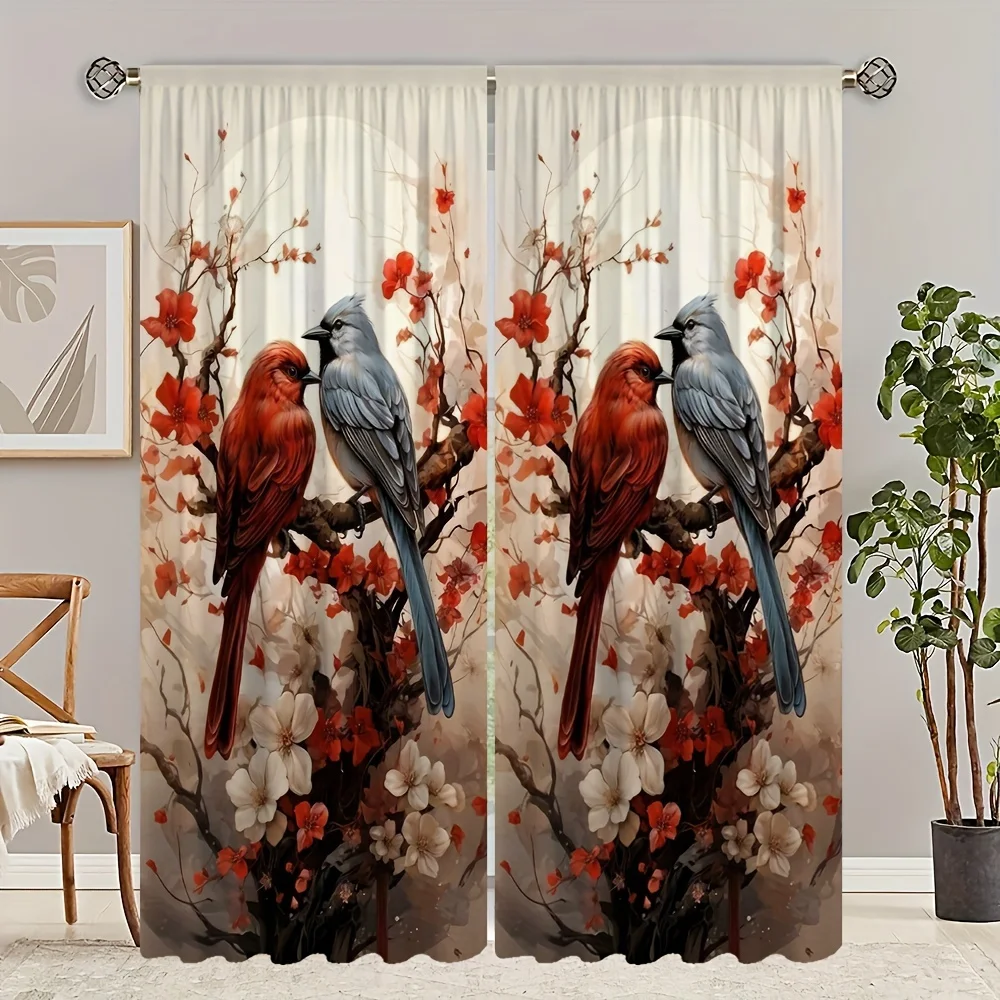 

2pcs Digital Print Curtains Living Room Chinese Painting Happiness Magpie Bird Print Curtain Bedroom Study Room Window Decor