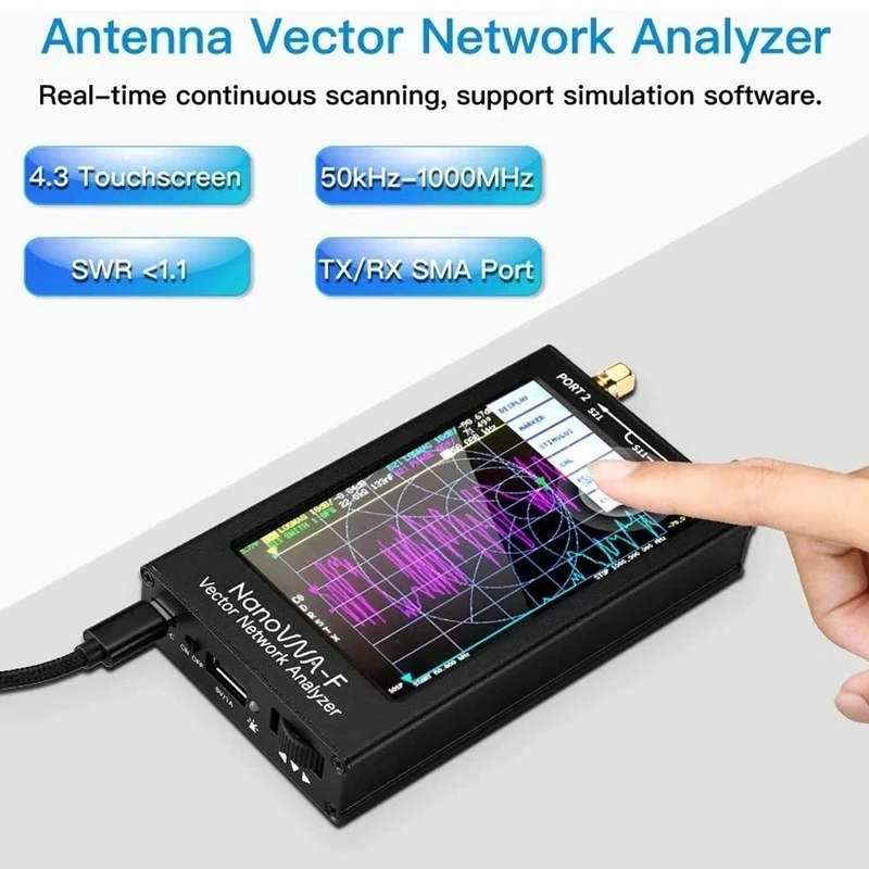 Penganalisa jaringan vektor genggam portabel, modul SWR Meter 50 khz-1000 MHz 4.3 inci IPS TFT tampilan Digital layar sentuh MF H