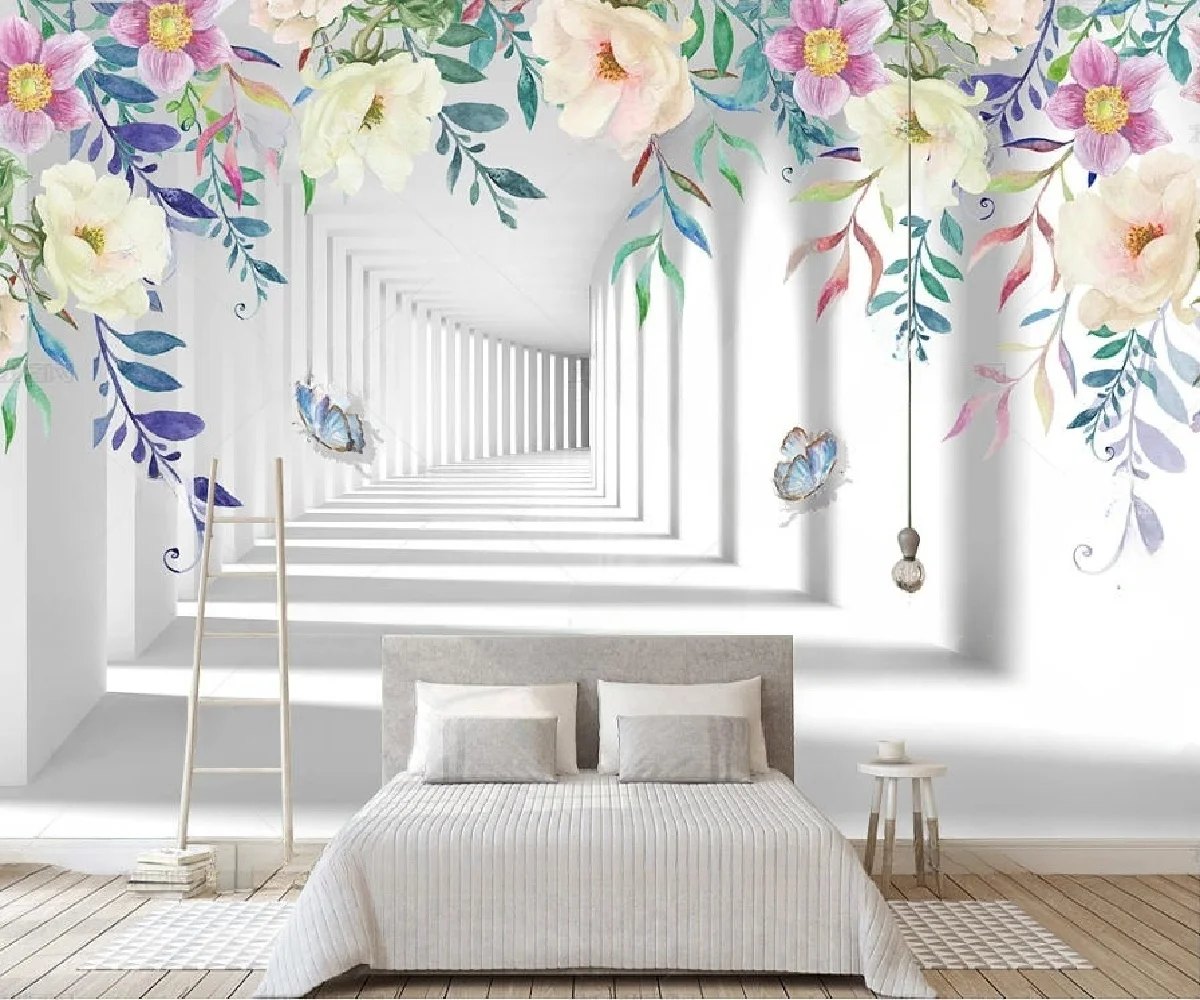 Maßgeschneiderte handbemalte Blumen im europäischen Stil, pastoraler Schmetterling, Innenhintergrund, Schlafzimmer, Papel de Parede, Tapete, Papier Peint