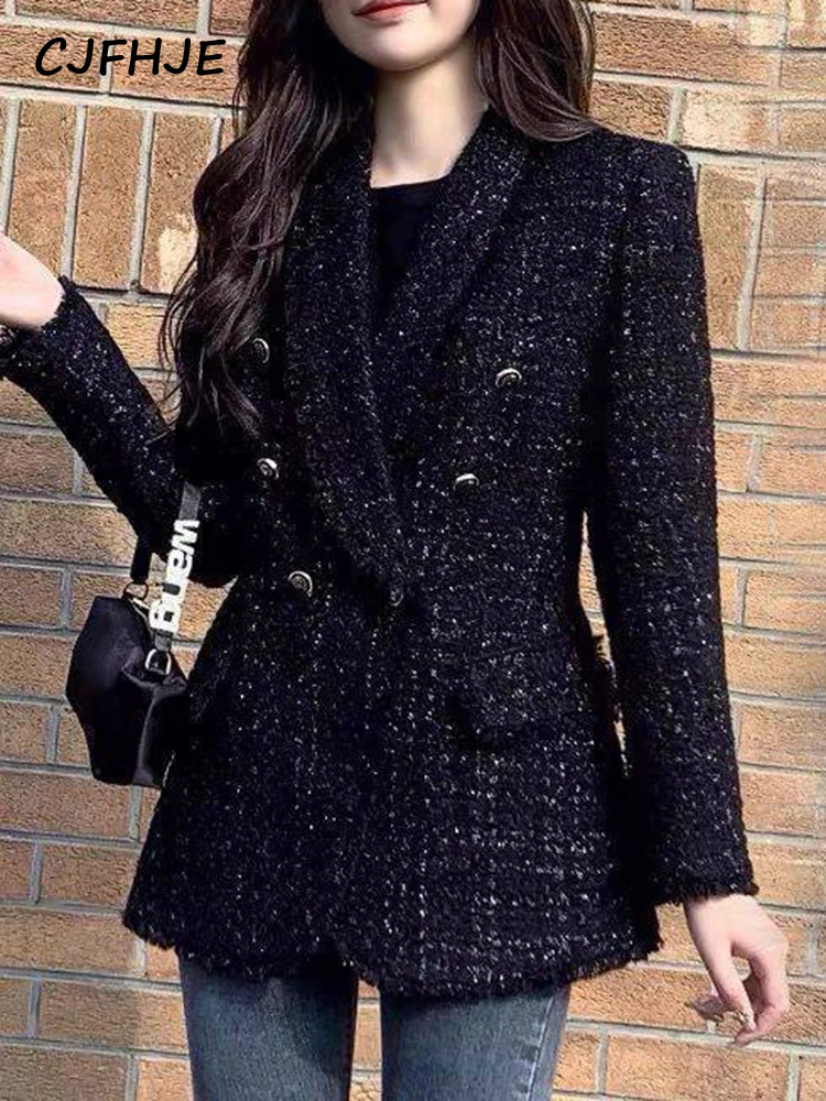 CJFHJE Women Fashion Tweed Double Breasted Black Blazer Coat Vintage Long Sleeve Flap Pockets Female Outerwear Chic Suit Femme