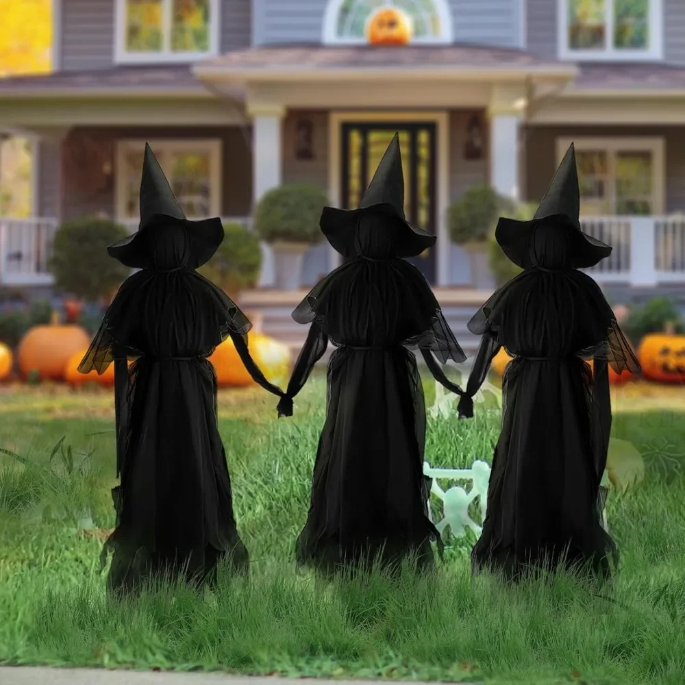 

Halloween Decorations Outdoor - 3 Witches Holding Hands, Lighted Halloween Witches Garden Stake, Sound-Activated Sensor