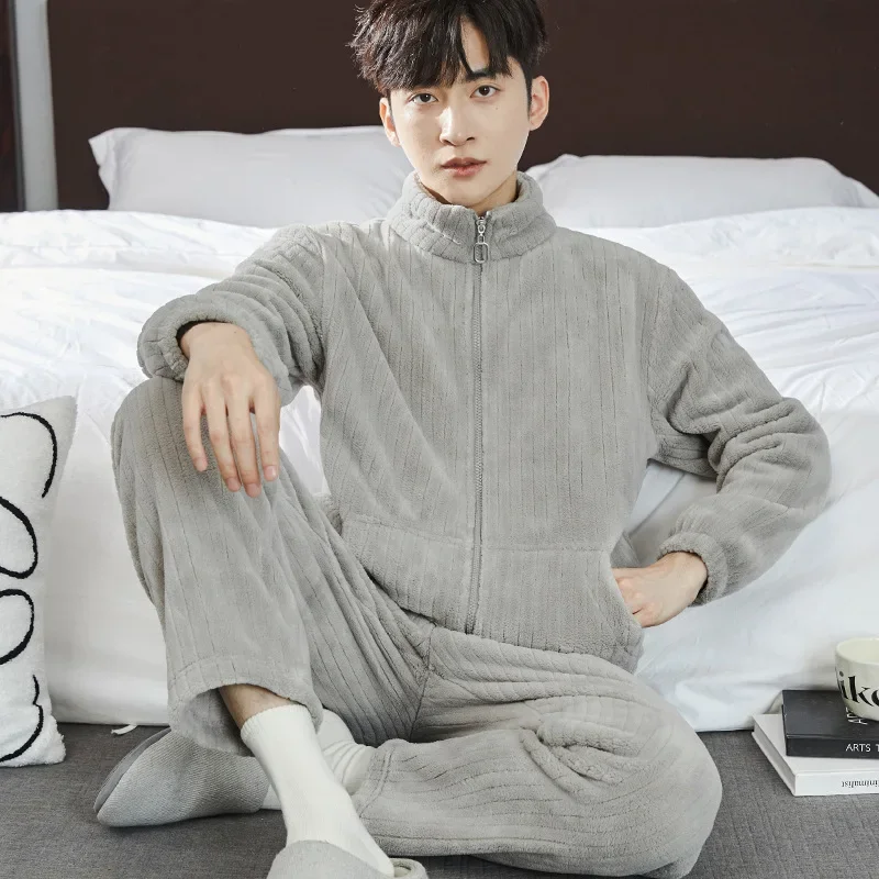 Winter Sleepwear Men Winter Thick Flannel Warm Homewear 2Pcs Sets Lapel Collar Button Pajama Sets Male Casual Tops Elastic Pants