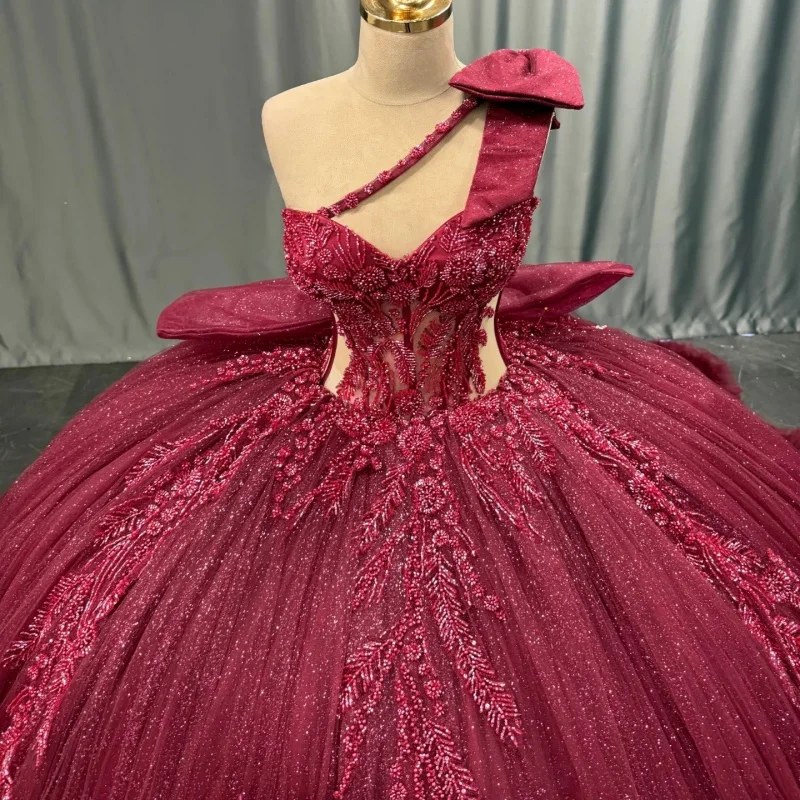

Shiny Burgundy Quinceanera Dress crystal glitter Decal flower Lace layering Long tail Bow Vestidos De 15 Quinceanera ﻿Customiz