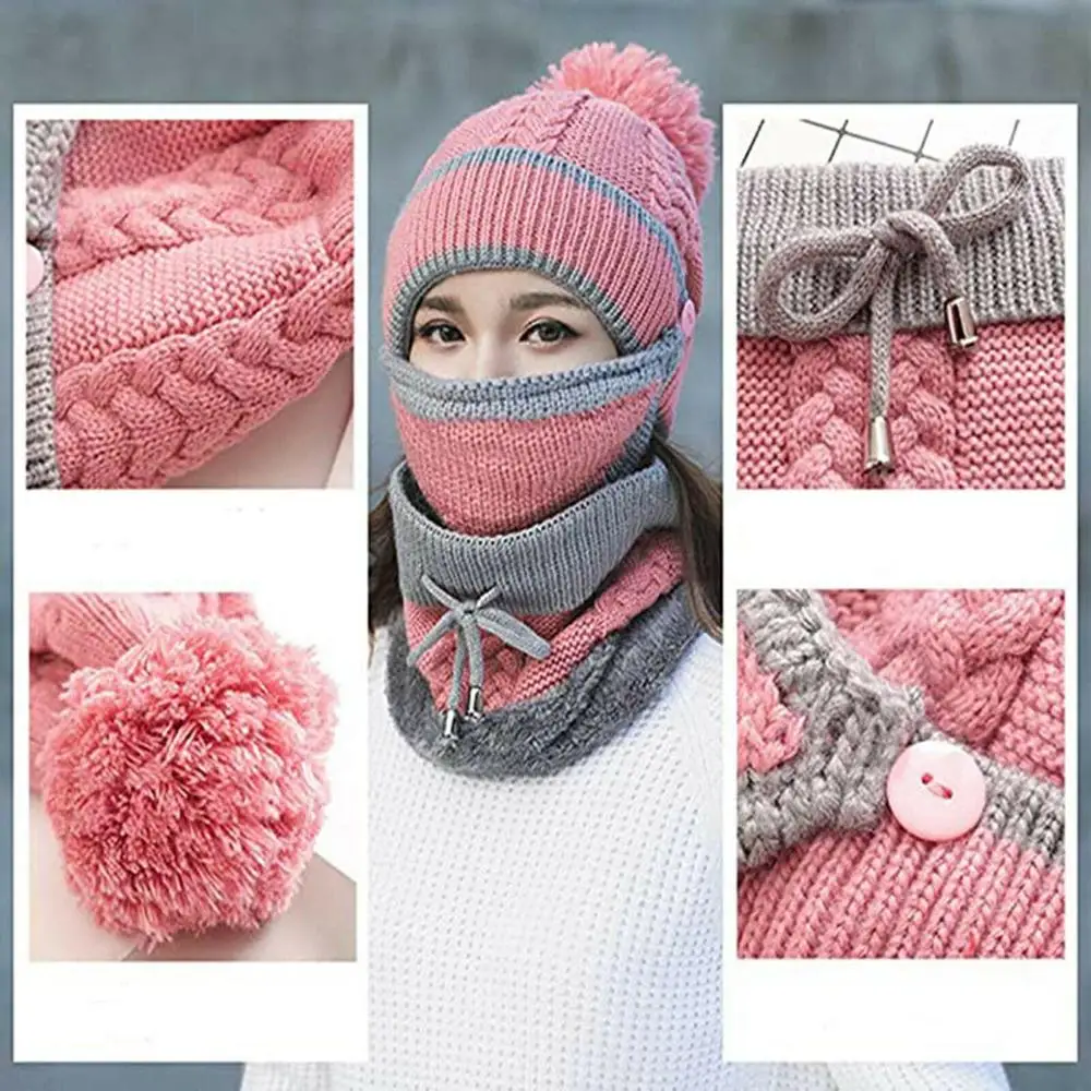 3Pcs Women Beanie Hat Pom Bobble Scarf Mask Set Knitted Winter Neck Warmer Warm Snow Ski Cap Fleece Scarf Outdoor Sports