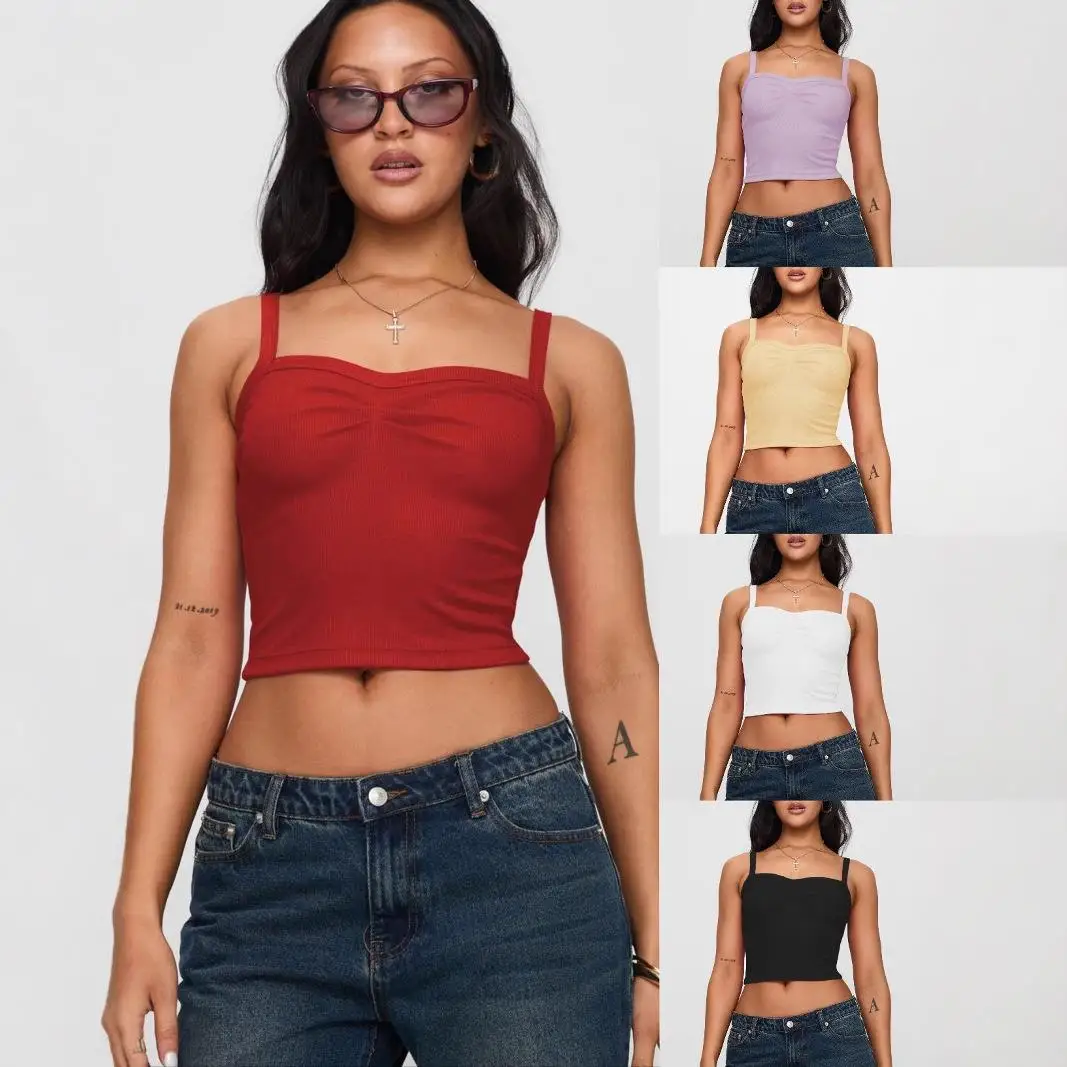 

Spring Summer 2025 Women's Pure Color Pleated Design ort Crop Top Y2K Versatile Strap Vest Cross-Border Long Sve