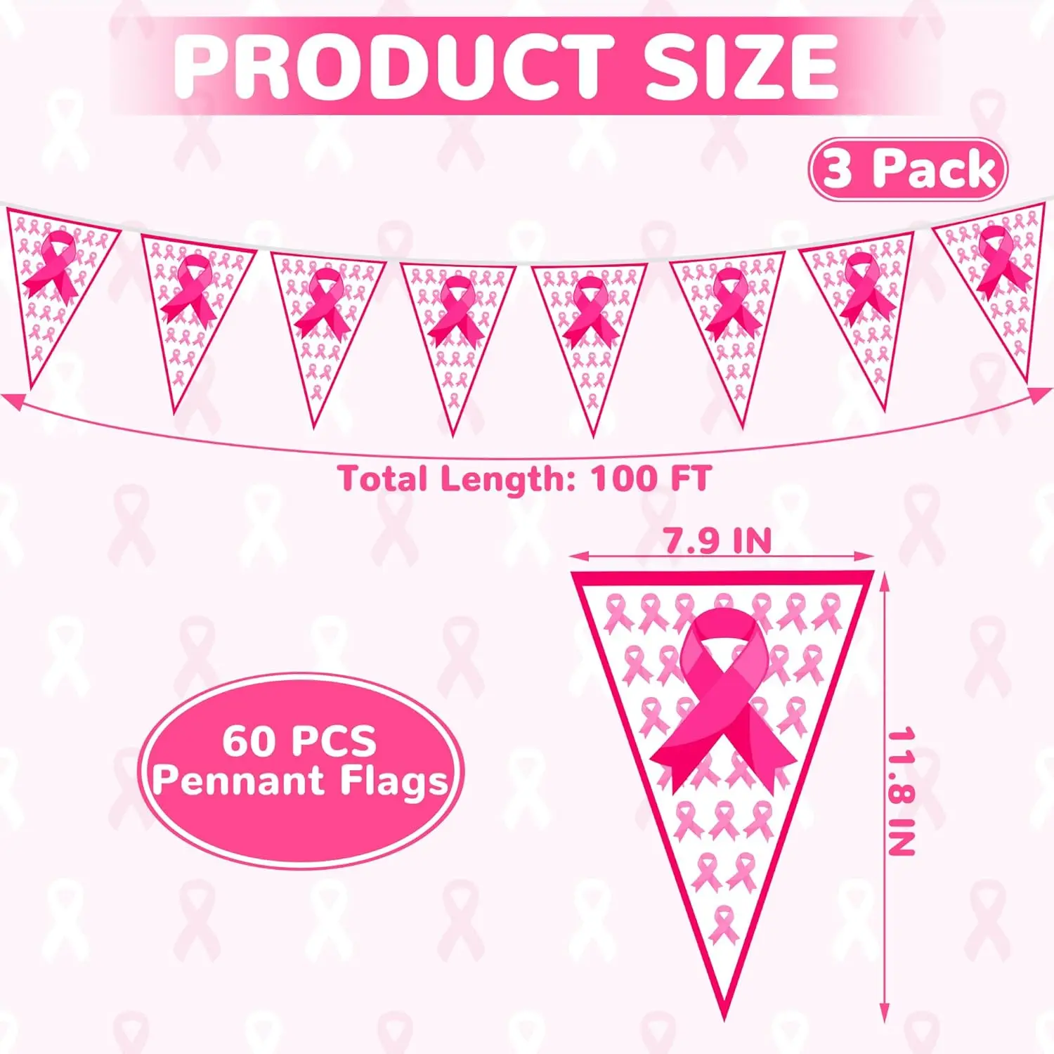 100 Fuß rosa Bandbanner – 60 Stück Brustkrebs-Bewusstseins-Wimpelflaggen, vormontierte Dekoration für Partywand im Innen- und Außenbereich – Detail 2