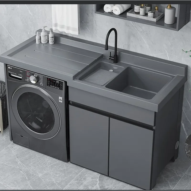 for Space Aluminum Balcony Washing Machine Cabinet Combination Drum Laundry Sink with Rubbing Board Integrated Laundry