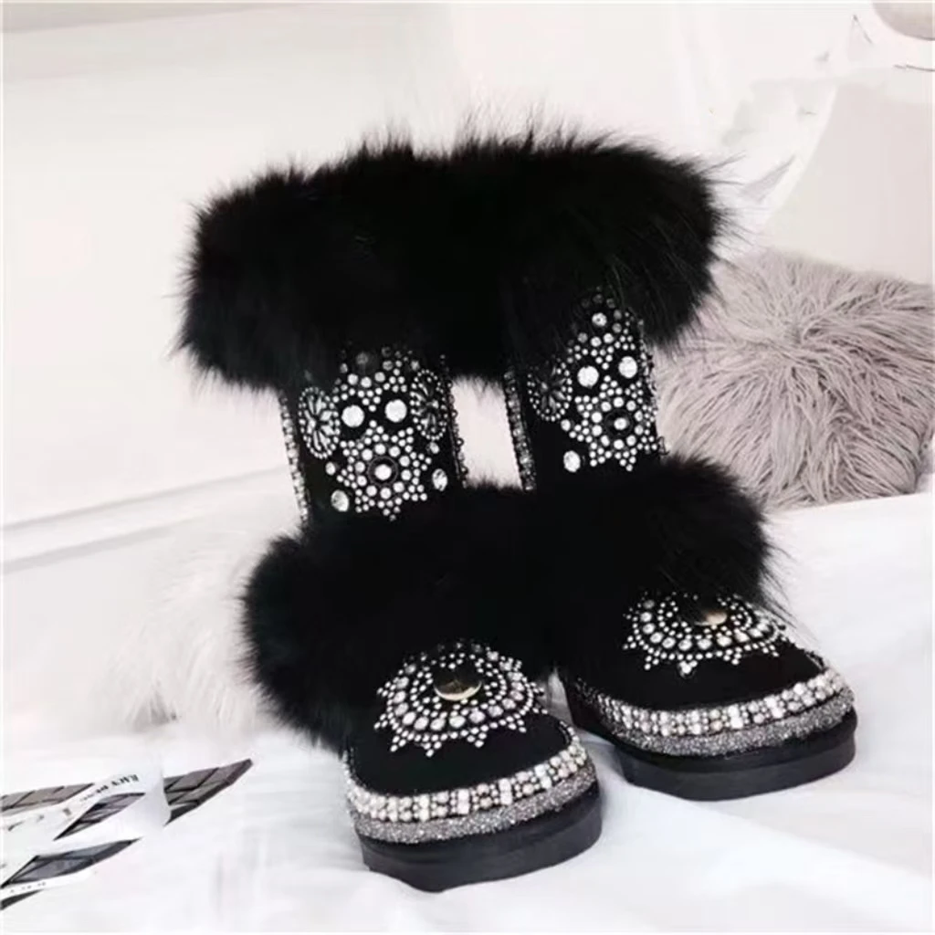 Creative sanded leather super large fox fur fur one snow boots Heavy custom diamond thickened women's cotton boots 35-40