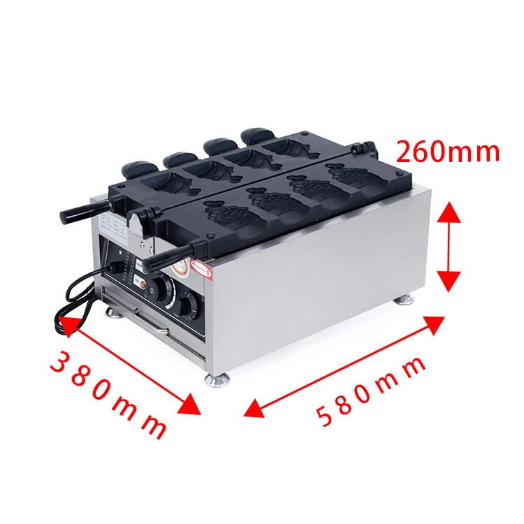 Commercial Non-Stick 4-Pcs Ice Cream & Open Mouth Fish Waffle Maker Electric Rotating Snack Machine for Household & Hotel Use