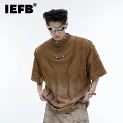 IEFB Summer Male T-shirt American Style Worn-out Gradient Color Patchwork Shoulder Pad Short Sleeve Folded Loose Top 24Y185