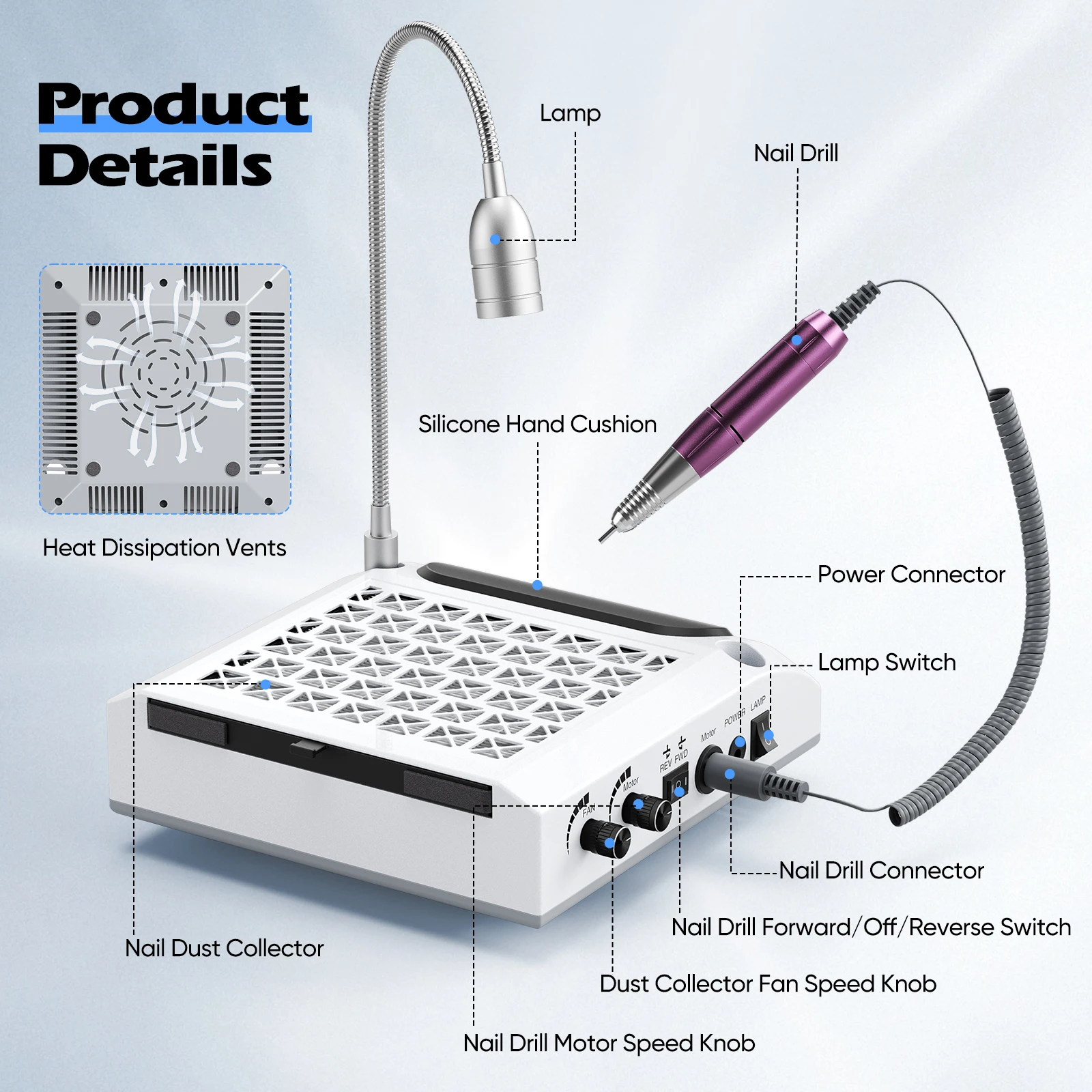 Collecteur de poussière pour ongles 80W, machine à ongles 6 en 1, perceuse à ongles électrique 30 000 tr/min avec lumière LED 6W