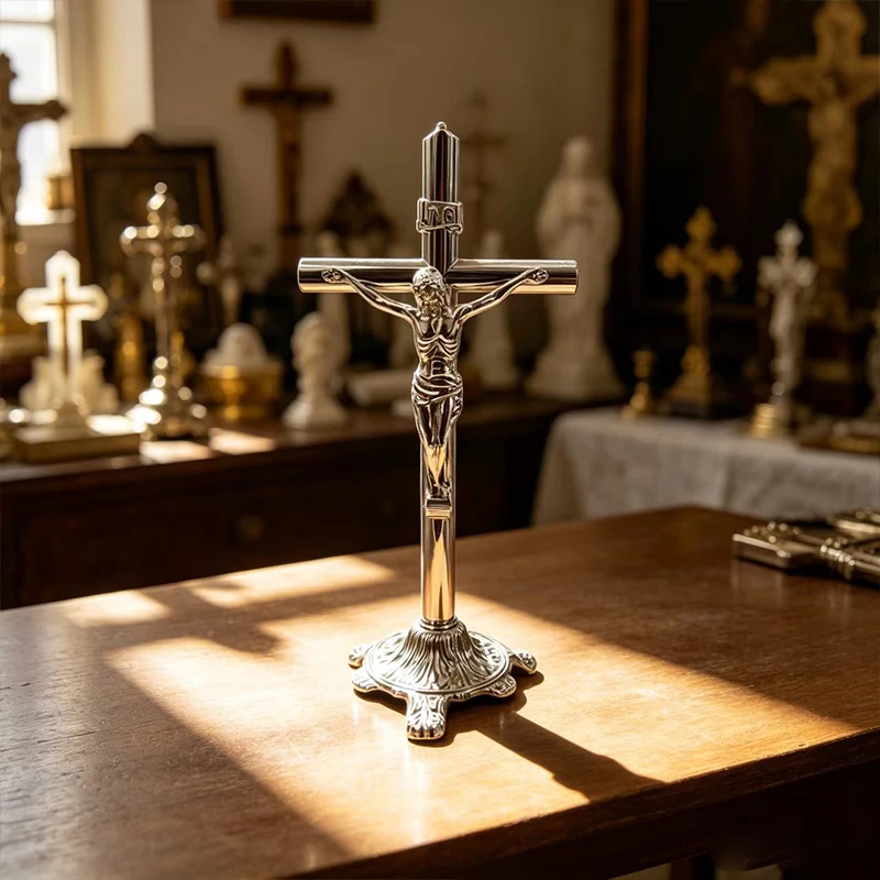 Neues Metall-Katholisches Kruzifix, Stehendes Kreuz mit INRI Jesus Christus, Silber Roségold Altarkreuz für Heim- und Kirchendekoration, Geschenk – Detail 4