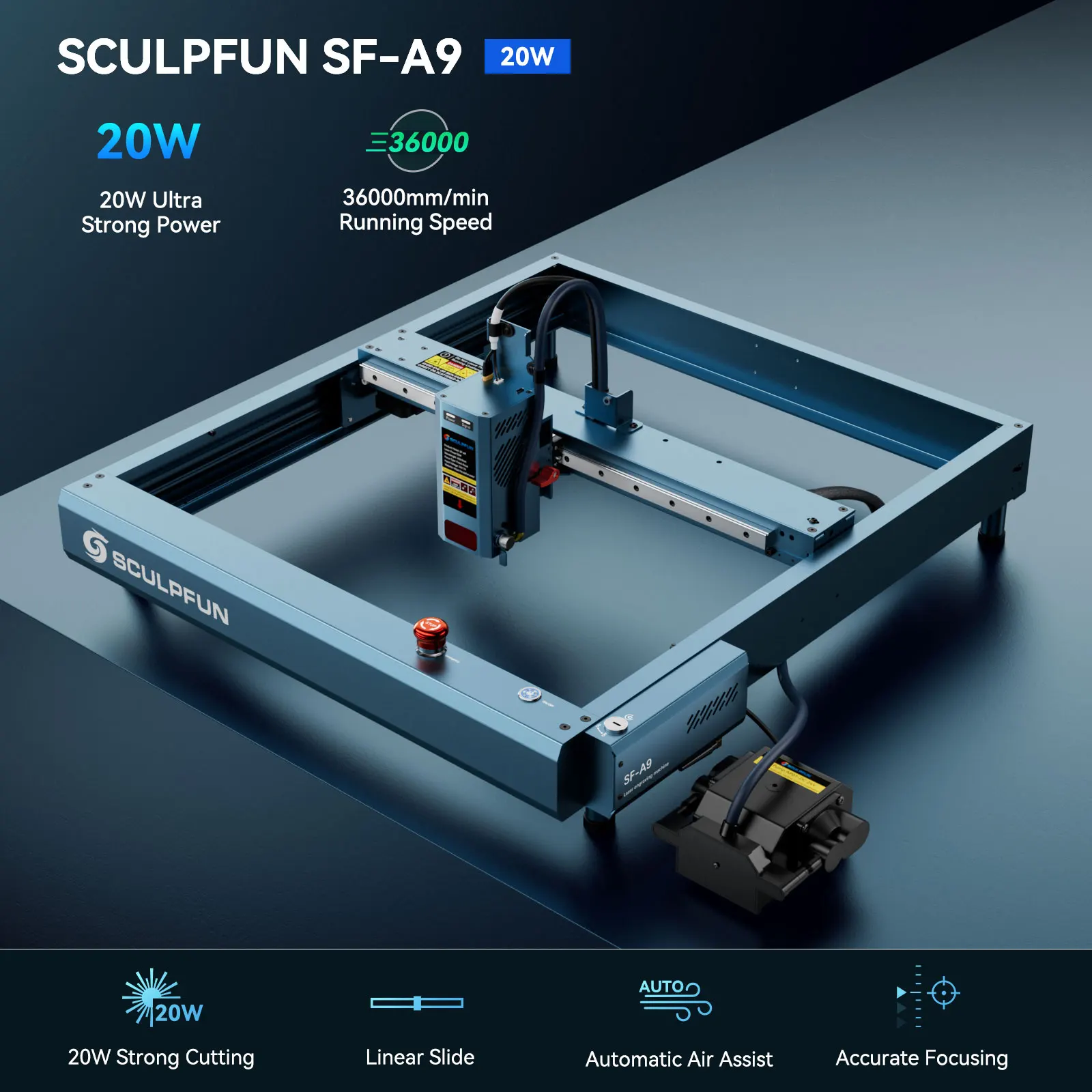 Sculpfun SF-A9 20W Laser Engraver with Ultra-fine Laser Spot Automatic Air Assist Engraving Area 400x400mm Safety Design