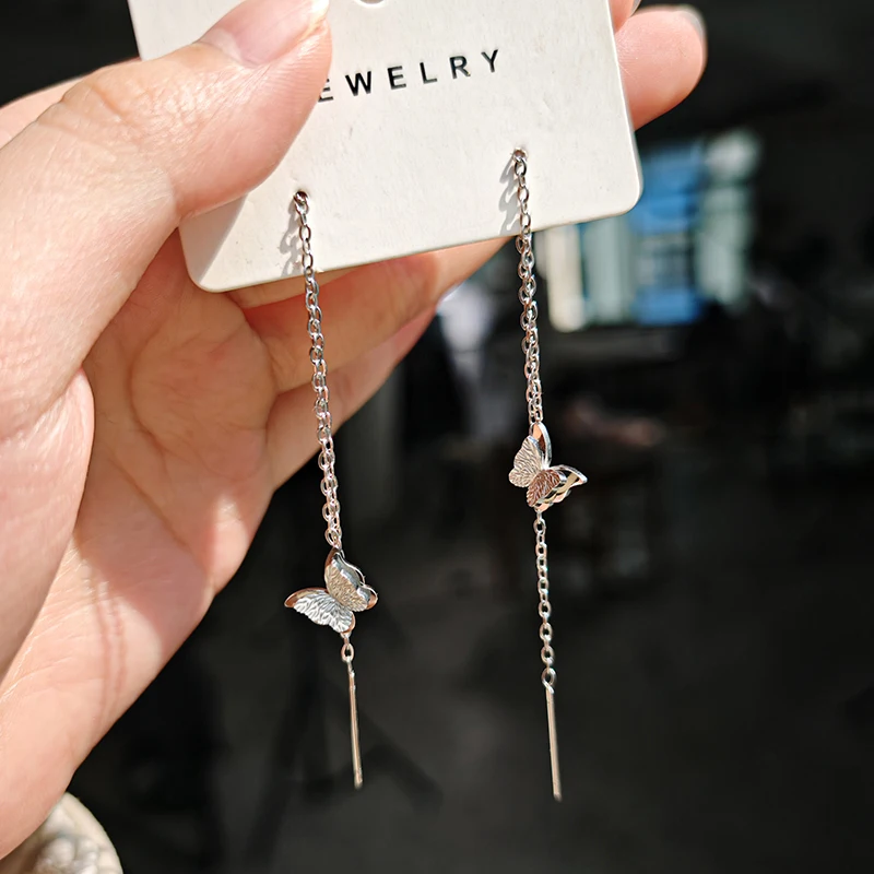 CAOSHI Aesthetic Butterfly Threader Earrings for Women Stainless Steel Non-tarnish Long Wire Dangle Earrings Statement Jewelry