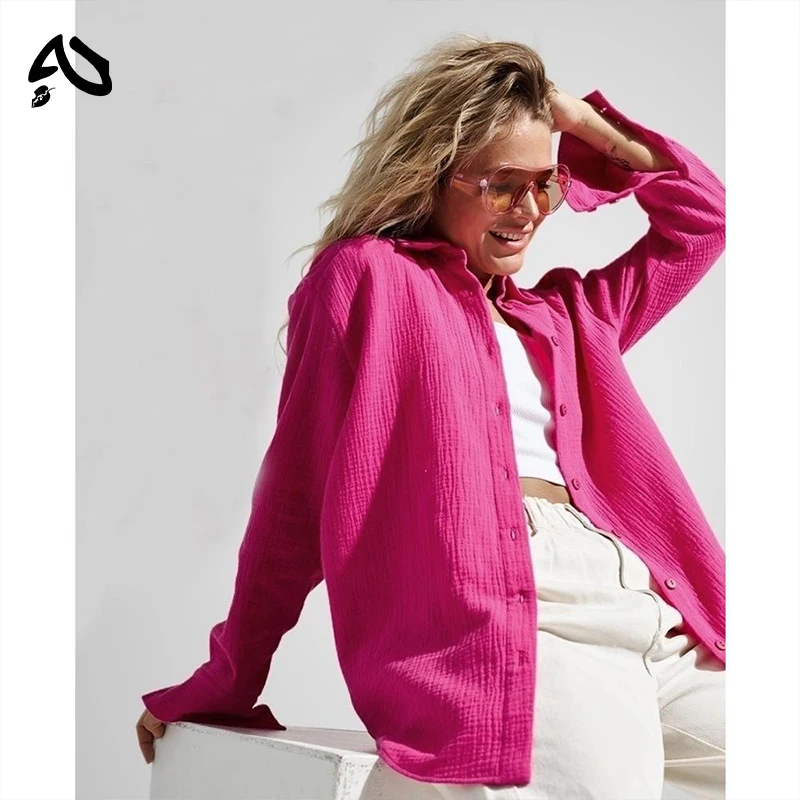 Original Muslin 100% Cotton Shirt Causal Soild Loose Womens Tops Button Long Sleeve Elegant Shirts And Blouses Festival Gifts