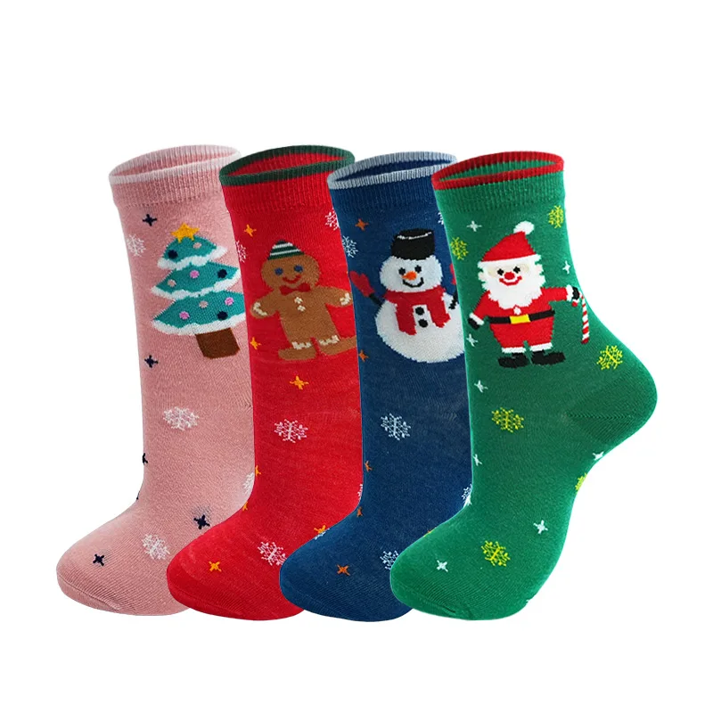 

Autumn Winter New Cartoon Santa Claus Gingerbread Snowman Women Socks Comfortable Warm Lady Middle Socks 4pcs Set