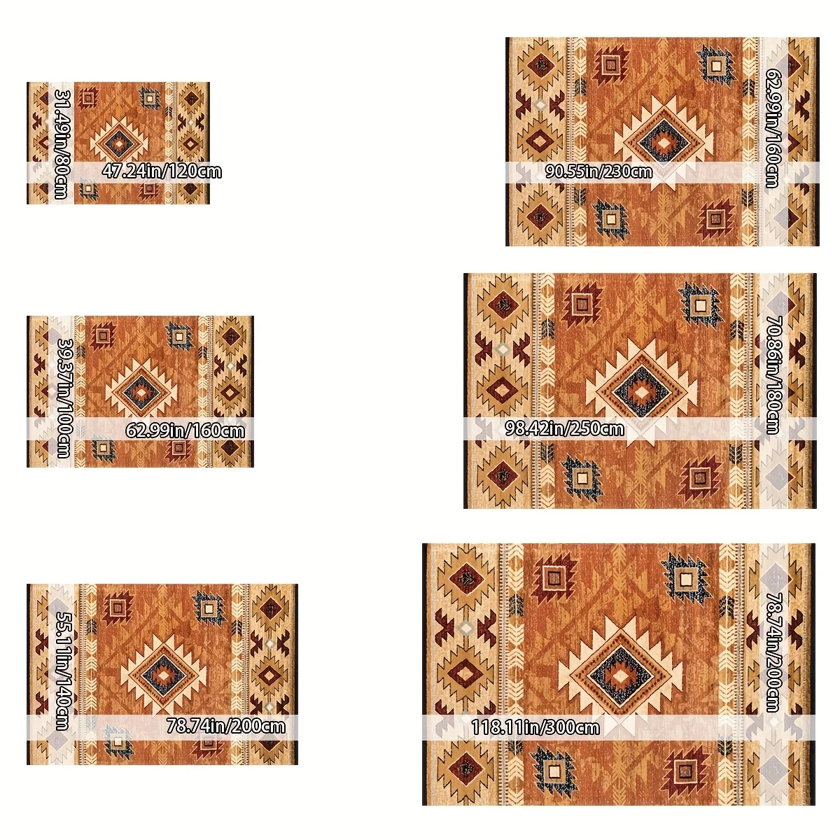 VIKAMA Southwestern Geometric Area Rug,Non‑Slip Mat,Tribal Ethnic Print Carpet for Living Room Bedroom Farmhouse Home Decor Rug
