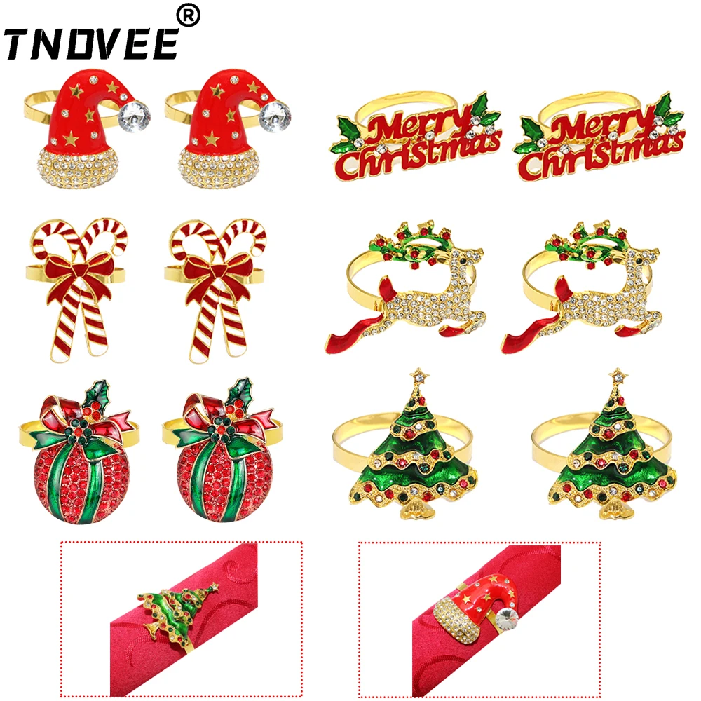 12Pcs Gold Christmas Napkin Rings Set Crystal Xmas Tree Bell Hat Candy Cane Napkin Holder for Wedding Party Dinner Table Decor