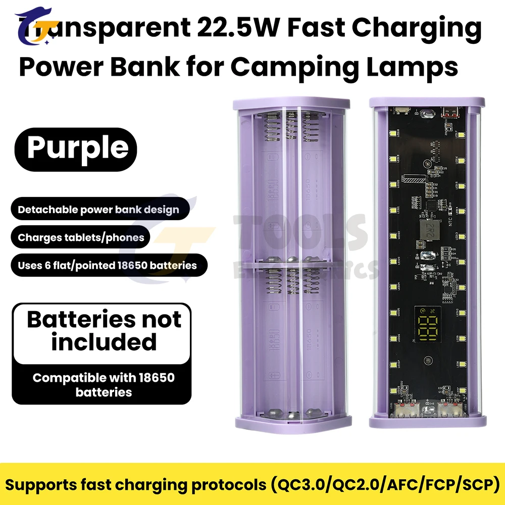Transparent Shell 6-Cell 18650 Battery Case 22.5W Fast Charging Power Bank Case No-Solder Kit Battery Storage Box