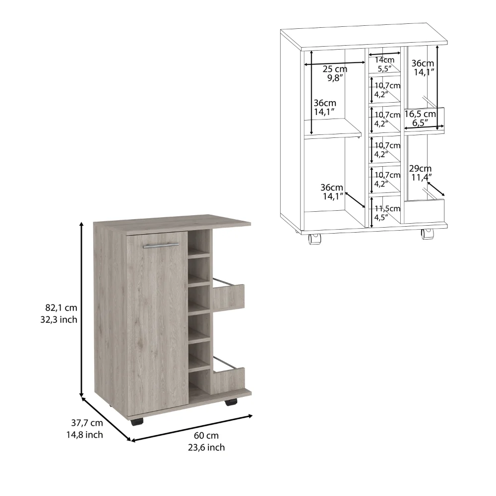 Bar Cart, Four Casters Single Door Cabinet Two External Shelves Light Gray