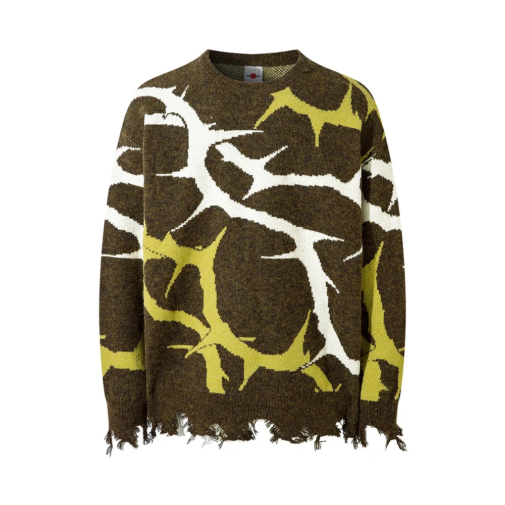 

Ripped Hem Branches Print Patchwork Baggy Sweaters for Men and Women Crew Neck Pullover Knitted Clothes Oversized Loose Tops