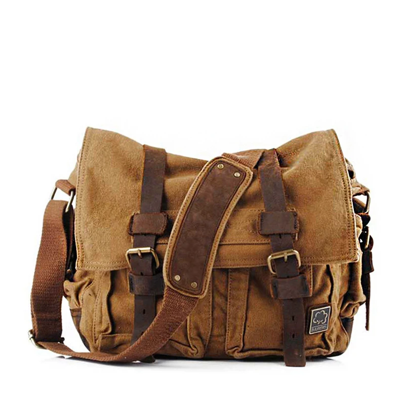 2021 Fashion Vintage Leather Canvas Women's Men's Messenger Bag Cotton Canvas Crossbody Bag Men Shoulder Bag Sling Casual Bag