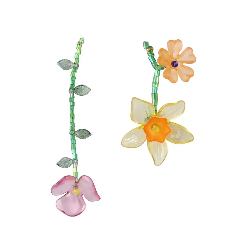 Handmade Resin Flower Necklace Korean Style Minority Design Beaded Dangle Earring Tassel Jewelry Accessories Asymmetric Earrings