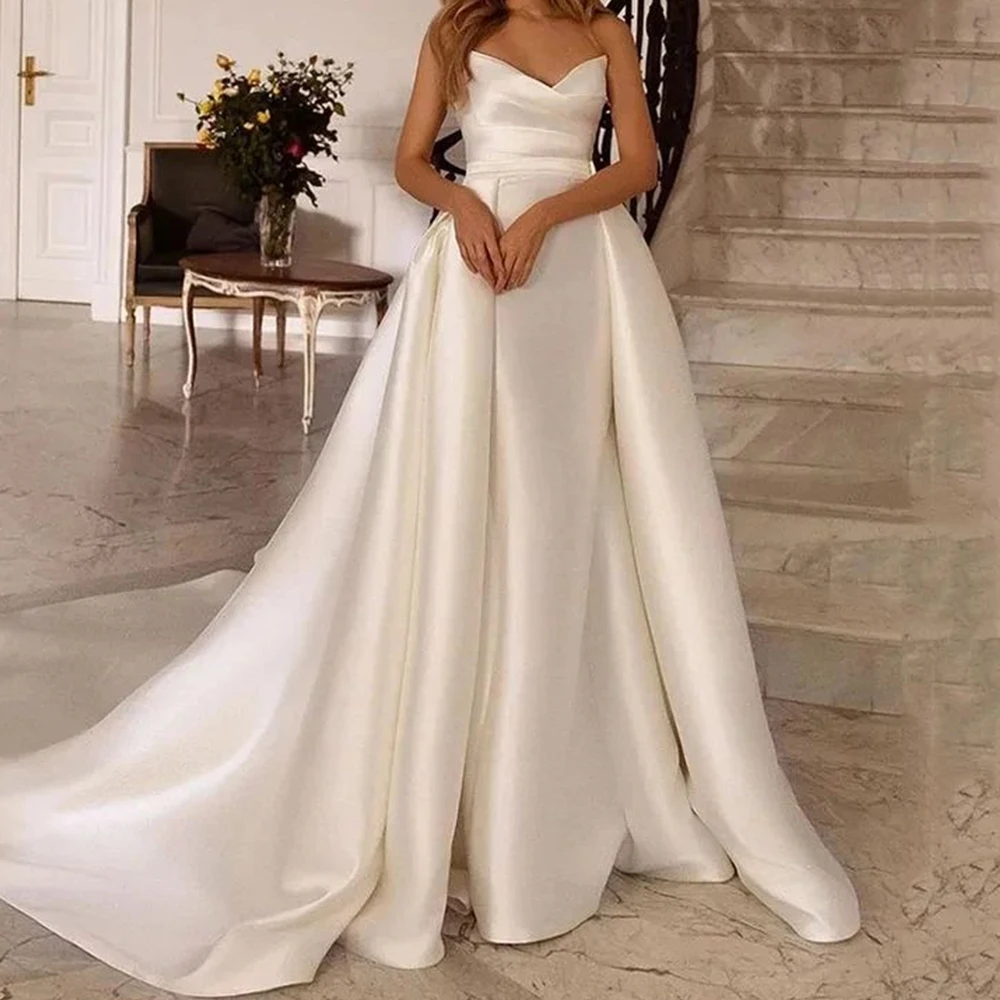 

Customized Temperament Panel Train Pleats Prom Gowns Graceful A-Line Strapless Satin White Evening Dresses vestidos de fiesta