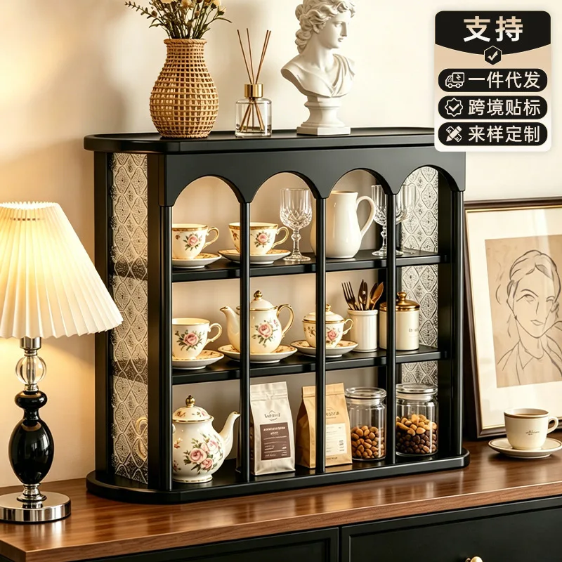 Bamboo Vintage Cup Storage Rack Multi Layer Tabletop Display Shelf for Coffee Corner Kitchen