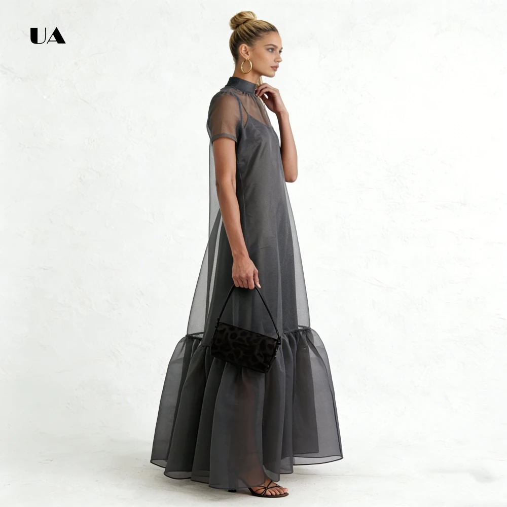 ULBYANRY Robe de bal en organza transparent à volants avec col mi-haut, robe de soirée unie à manches courtes pour femme, robe de soirée personnalisée