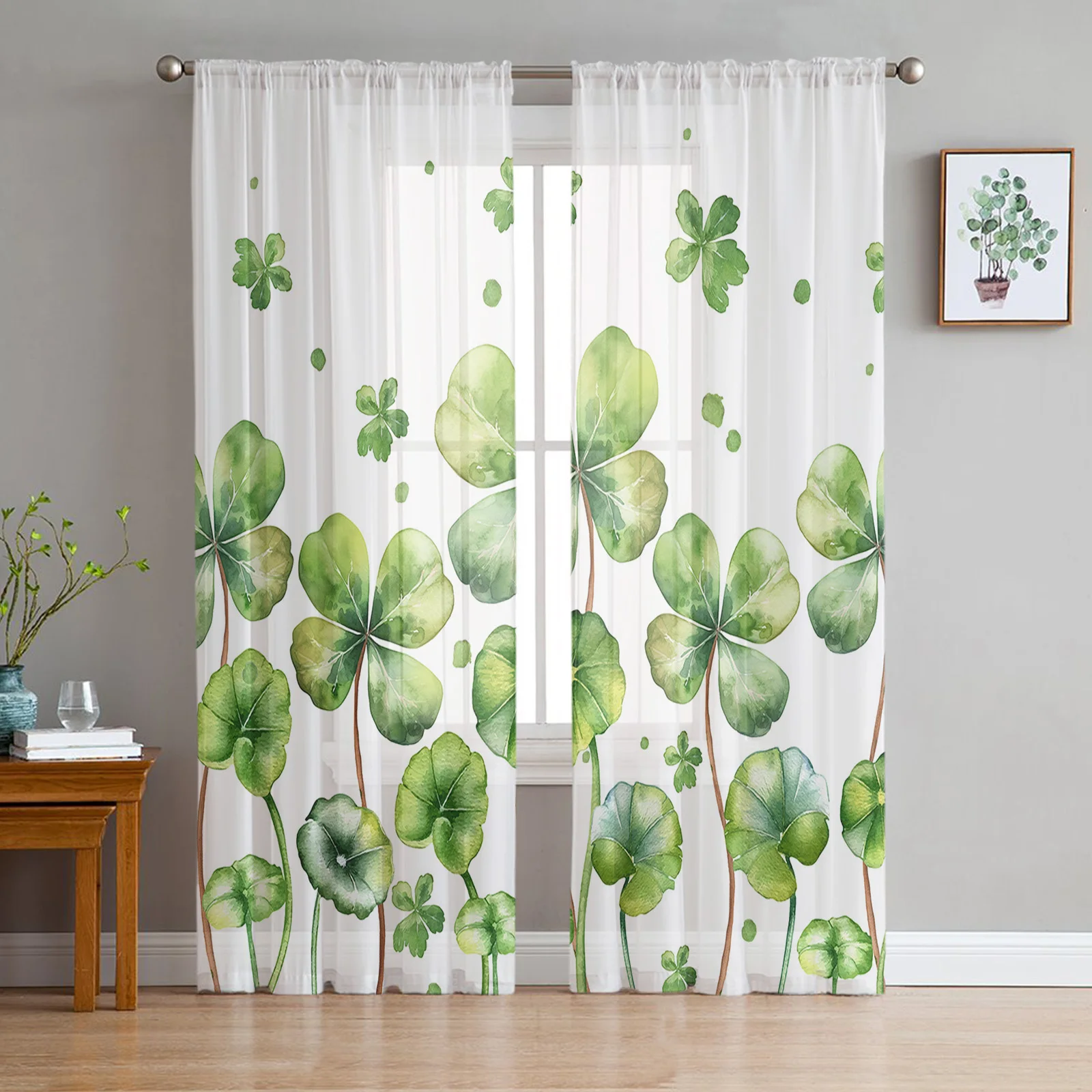 Summer Plants Four Leaf Grass Green Watercolor Sheer Curtains for Living Room Home Decor Tulle Curtain Bedroom Voile Drapes