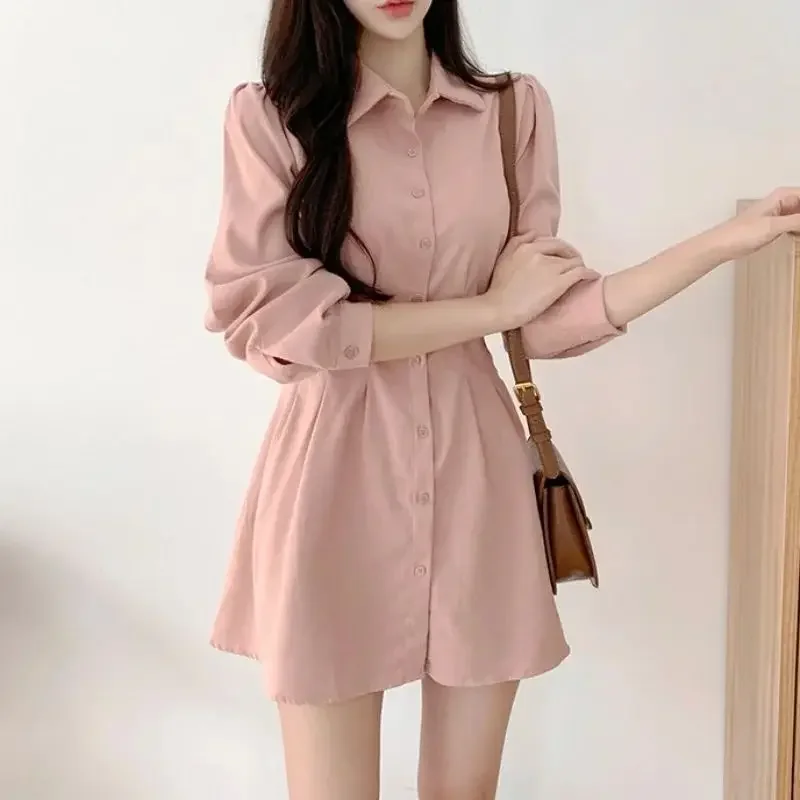 Shirt Woman Long Sleeve Dress Vintage One Pieces Clothes Aesthetic Sensual Sexy Korean Fashion Beach Hot Pink Dresses For Women