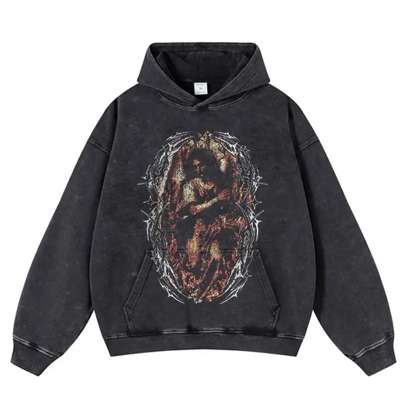 الهيب هوب الشرير غسلها Harajuku نمط طباعة هوديي الشارع الشهير 2025 خمر فضفاض البلوز Stretwear المتضخم البلوز مقنعين