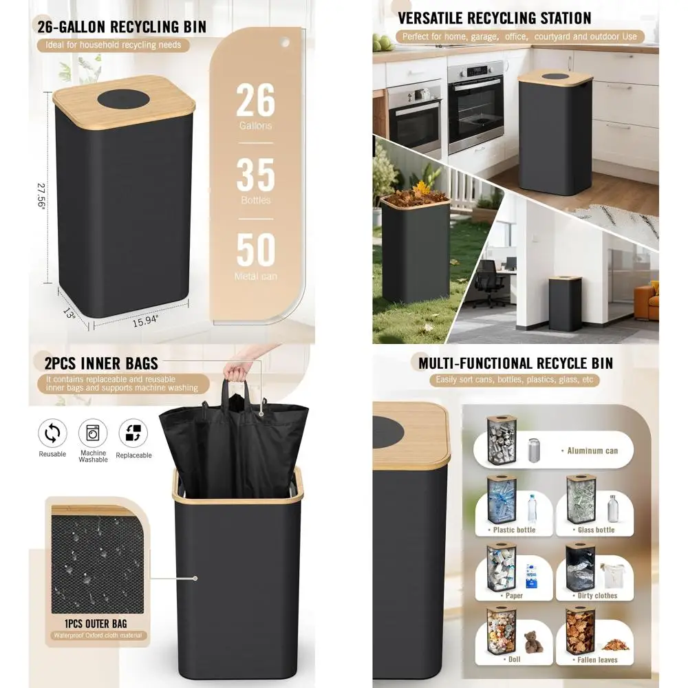 

26 Gallon Bamboo-Lid Kitchen Recycling Bin with 2 Removable Liners for Bottles, Cans, Glass, and Plastics, Black