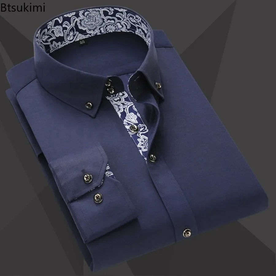 New2024 Men's Long Sleeve Dress Shirts Blue and White Porcelain Slim Formal Office Business Shirts Male All Match Shirts for Men