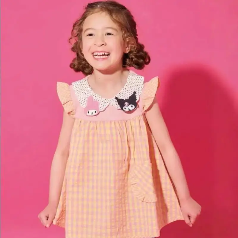 

Kuromi для девочек, летнее платье принцессы My Melody с короткими рукавами, топы, милая футболка с круглым вырезом в сетку, детский воротник с куклой в стиле аниме