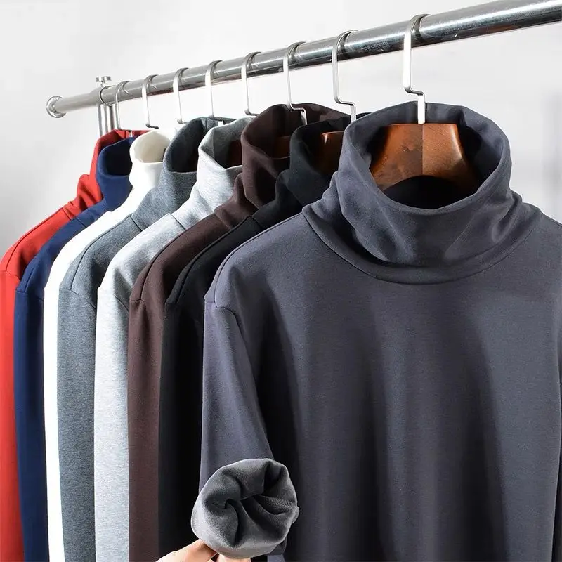 Fashion Men's Thickened Turtleneck T-Shirts Double-Sided Plush Autumn Winter Tops Casual TEES Plus Size Warm Knit Base Sweater