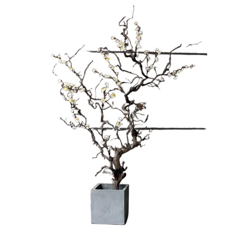 Simulated plum blossom tree, natural dragon jujube tree trunk hanging on the ground, decorative floral arrangement