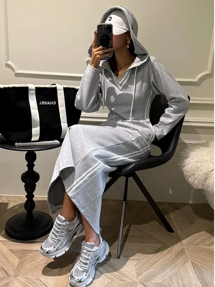 Rétro Patchwork couleur sang dentelle Dstring à capuche tricoté Dr femmes minceur longue Dr printemps automne nouveau Sle